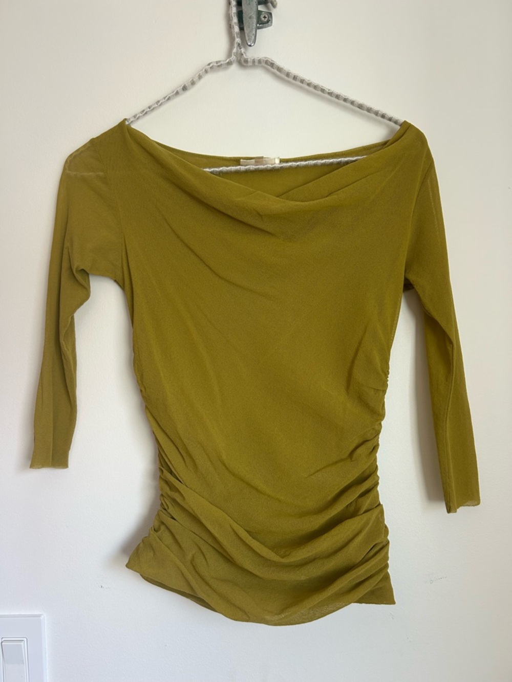 Petit Pois Viviana G Olive Green Ruched Boatneck Women's Top with shirred sides